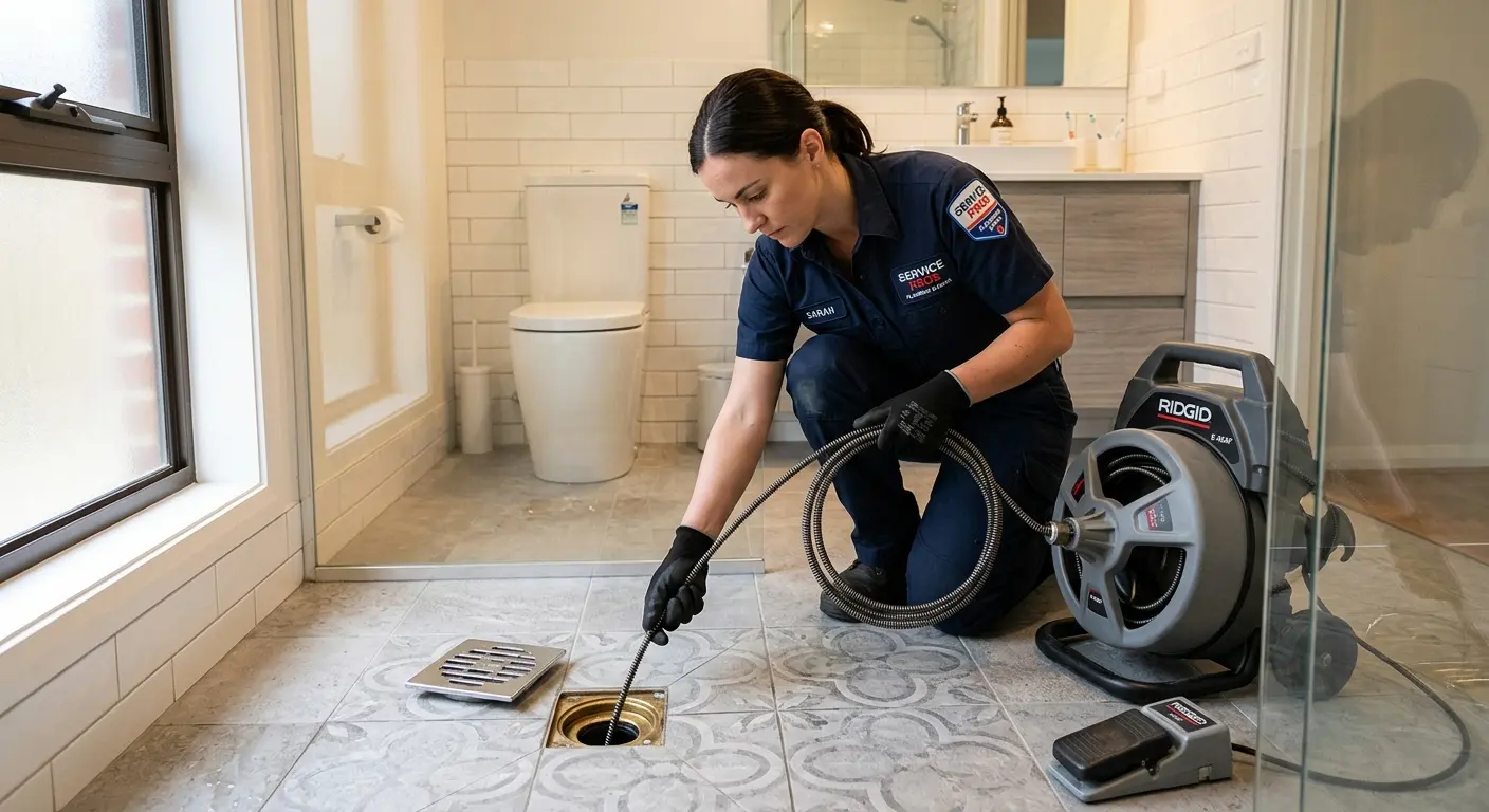 Technician clearing a bathroom floor drain for Sewer Line Installation in Shorewood